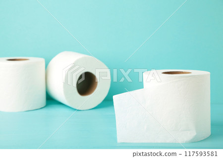 Toilet paper on blue background with copy space 117593581