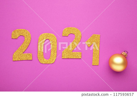 Happy New Year. Symbol from number 2021 on pink background. Happy New Year. Symbol from number 2021 on pink background. 117593657