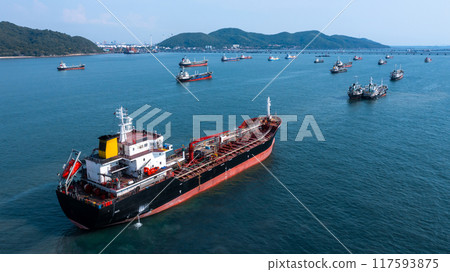 Aerial view Oil and Gas tanker ship LPG tanker ship transportation oil and gas from refinery on the sea, Oil and Gas tanker ship global business logistic refinery transportation petroleum 117593875
