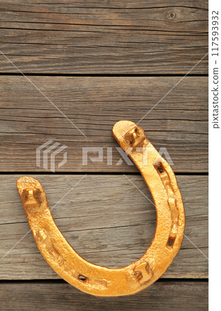Gold horseshoe on grey background. St. Patricks day 117593932