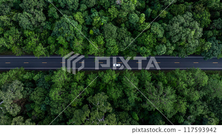 Aerial view electric vehicle car drive on asphalt road in mountain green forest, EV car electric vehicle car on forest road green energy and eco power business, EV electric car drive green forest road 117593942