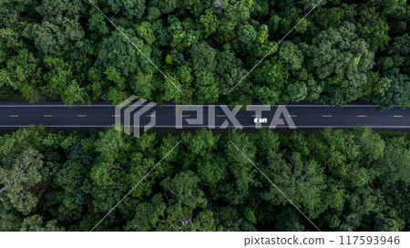 Aerial view electric vehicle car drive on asphalt road in mountain green forest, EV car electric vehicle car on forest road green energy and eco power business, EV electric car drive green forest Aerial view electric vehicle car drive on asphalt road in mountain green forest, EV car electric vehicle car on forest road green energy and eco power business, EV electric car drive green forest 117593946