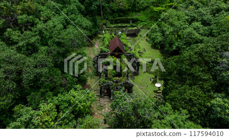Aerial view Vat Phou or Wat Phu in Champasak, Southern Laos, Vat Phou or Wat Phu hindu temple in the Khmer Empire located in the capital of Champasak, Laos Aerial view Vat Phou or Wat Phu in Champasak, Southern Laos, Vat Phou or Wat Phu hindu temple in the Khmer Empire located in the capital of Champasak, Laos 117594010