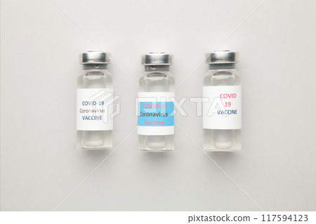 Coronavirus or COVID-19, 2019 - nCoV vaccine in a bottle on grey background. Coronavirus or COVID-19, 2019 - nCoV vaccine in a bottle on grey background. 117594123