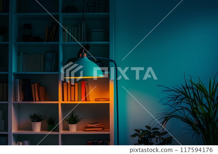 Cozy nook with lamp illuminating bookshelves and indoor plants 117594176
