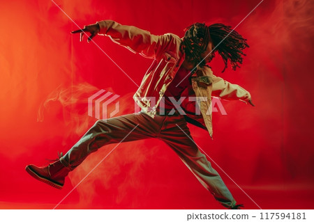 A dancer performs dynamic movements against a bright red background 117594181