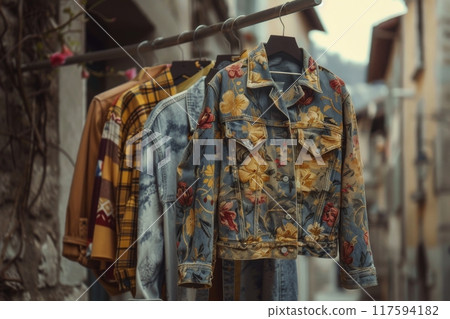 Vintage floral patterned denim jackets on a hanger 117594182