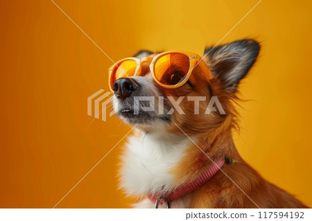Stylish dog in orange sunglasses poses against a bright yellow background 117594192