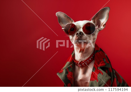 Stylish dog poses in fashionable sunglasses and coat on red background 117594194