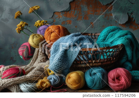 Cozy setting with colorful yarn, knitting supplies 117594206