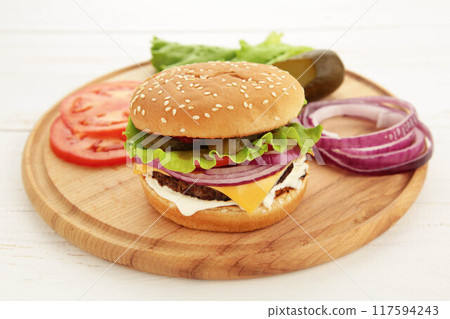 Burger steak cutlets with seasoning, cheese, tomatoes, salad and bun on white background Burger steak cutlets with seasoning, cheese, tomatoes, salad and bun on white background 117594243
