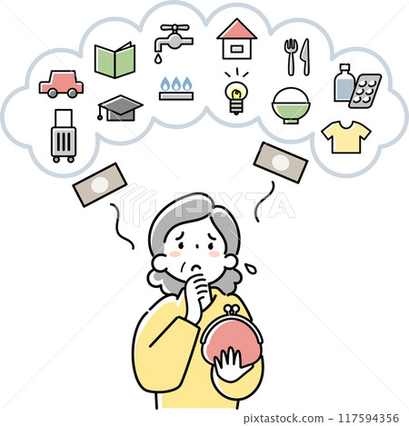 Upper body of a senior woman who is troubled by high household expenses 117594356