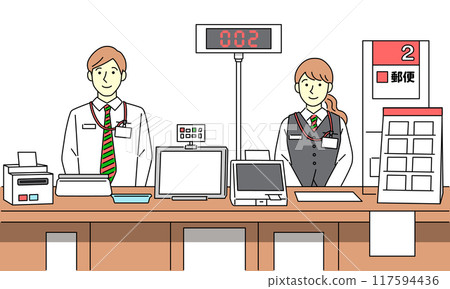 Vector illustration of a male and female receptionist working at a post office counter 117594436