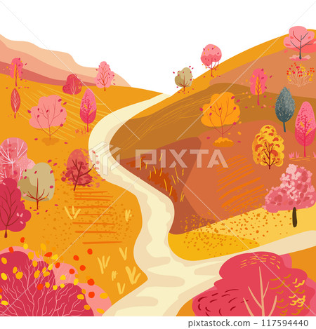 Square poster with an autumn landscape. Winding road. Hill with fields and a garden. Hand drawn vector illustration. Red and orange trees near the road. Harvesting. Textured flat illustration Square poster with an autumn landscape. Winding road. Hill with fields and a garden. Hand drawn vector illustration. Red and orange trees near the road. Harvesting. Textured flat illustration 117594440