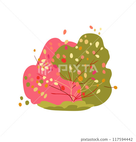 Hand drawn bush with orange, pink, and green leaves. Autumn and spring themes. Simple design. Flat vector illustration. Icon. Hand drawn bush with orange, pink, and green leaves. Autumn and spring themes. Simple design. Flat vector illustration. Icon. 117594442