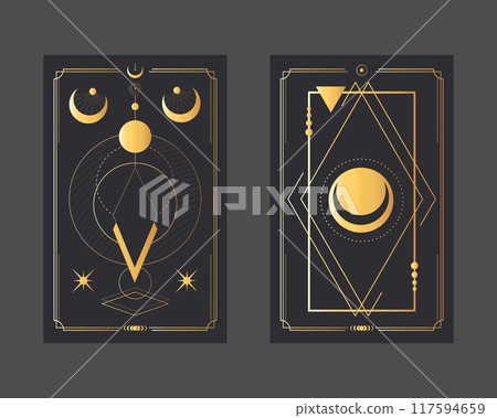 Golden magical tarot cards with geometric shapes, stars and crescents. Mystery, astrology, alchemy. Vector illustration 117594659
