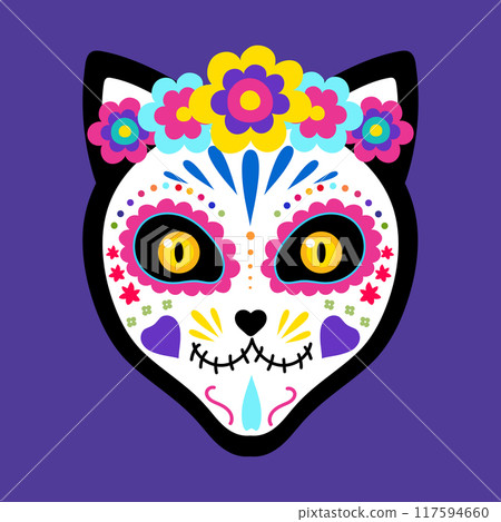 Cat face with a bright makeup of sugar skull and floral wreath. Cat head sugar skull. Day of the Dead. Dia de los Muertos. Vector illustration 117594660