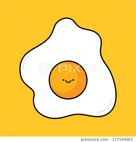 Cute fried egg line icon on yellow background. Happy kawaii cartoon egg in childish style. Healthy breakfast. Vector illustration 117594665