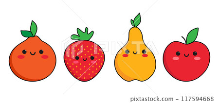 Cute cartoon smiling fruit characters set in childish style. Fruit icons orange, strawberry, pear and apple. Vector illustration 117594668