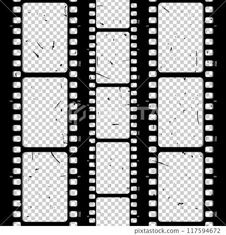 Old retro movie film strip set with grunge texture on transparent background. Film strip frame. Cinema and filmmaking concept. Vector illustration Old retro movie film strip set with grunge texture on transparent background. Film strip frame. Cinema and filmmaking concept. Vector illustration 117594672