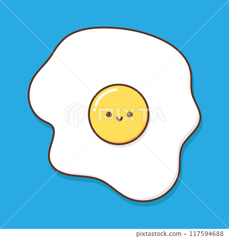 Cute smiling fried egg line icon isolated on blue background. Healthy breakfast. Vector illustration Cute smiling fried egg line icon isolated on blue background. Healthy breakfast. Vector illustration 117594688