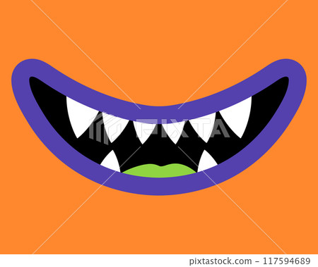 Cartoon smiling monster mouth with fangs. Close up of orange and purple monsters teeth. Smiling creature with sharp teeth. Vector illustration Cartoon smiling monster mouth with fangs. Close up of orange and purple monsters teeth. Smiling creature with sharp teeth. Vector illustration 117594689