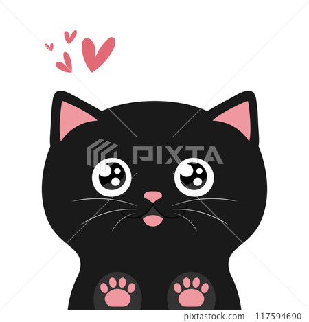 Happy black peeking cat with paw prints. Cute cartoon character. Vector illustration 117594690