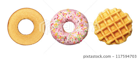 Baumkuchen, donuts and Belgian waffles Baumkuchen, donuts and Belgian waffles 117594703