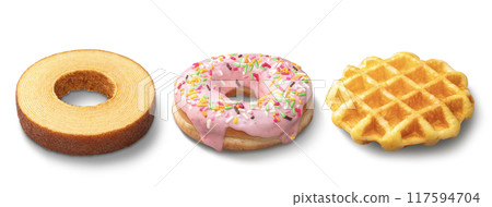 Baumkuchen, donuts and Belgian waffles Baumkuchen, donuts and Belgian waffles 117594704