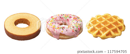 Baumkuchen, donuts and Belgian waffles 117594705