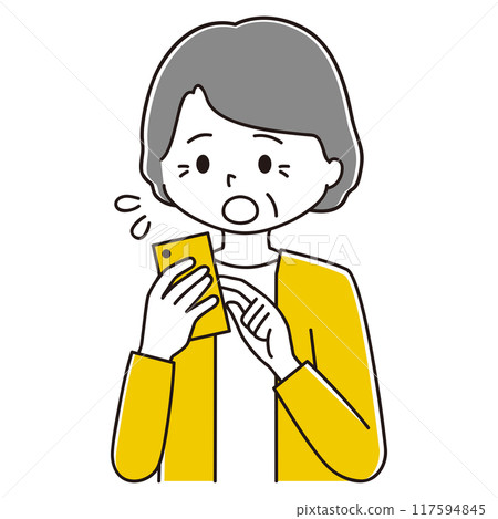 Illustration of an elderly woman tapping on her smartphone and panicking 117594845