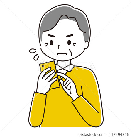 Illustration of an elderly man tapping on a smartphone and panicking Illustration of an elderly man tapping on a smartphone and panicking 117594846