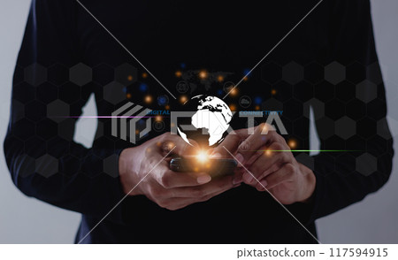 Young, Man holding glob with technology icon 117594915