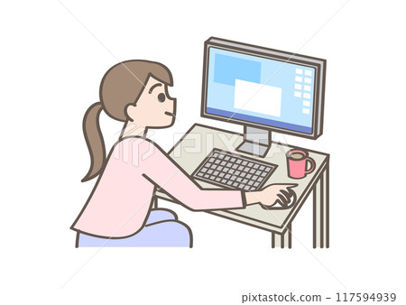 A woman sitting in front of a personal computer 117594939