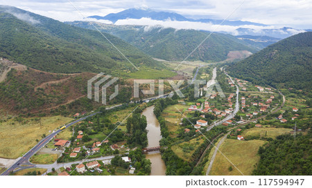 Aerial view of Bulgarian village in the mountain. 117594947