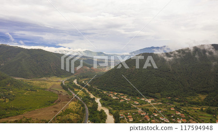 Aerial view of Bulgarian village in the mountain. 117594948