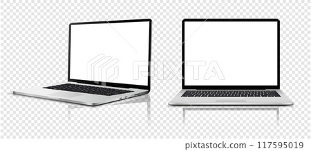Laptop computer with white screen on transparent background 117595019