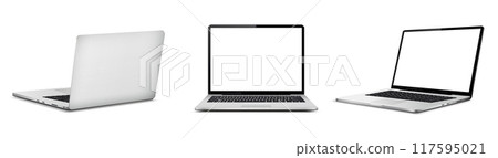Realistic laptop mockup with blank screen isolated on white background, perspective laptop mock up different angles views. Realistic laptop mockup with blank screen isolated on white background, perspective laptop mock up different angles views. 117595021
