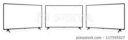 Realistic blank flat screen TV mockup from angled view 117595027