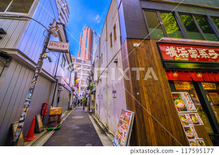 Tokyo cityscape in August, Japan. View of the drinking district near Sangenjaya Station. Tokyo cityscape in August, Japan. View of the drinking district near Sangenjaya Station. 117595177