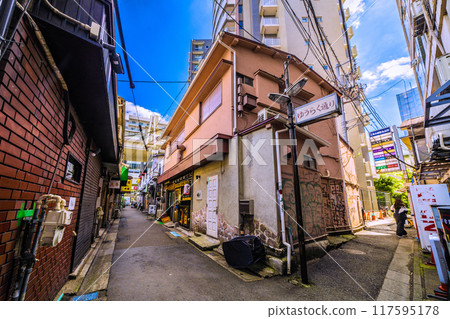 Tokyo cityscape in August, Japan. View of the drinking district near Sangenjaya Station. 117595178