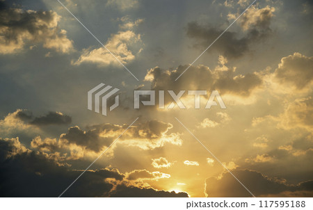 Golden sky sunrise dramatic beautiful landscape view. Dawn sky gold dusk time cloudscape with sunlight. Dramatic sunset scenic landscape. Beautiful landscape sunshine nature 117595188