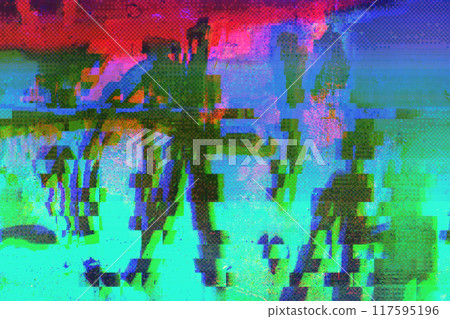 Abstract glitch art with green, pink, and blue fragmented pixelated textures Abstract glitch art with green, pink, and blue fragmented pixelated textures 117595196
