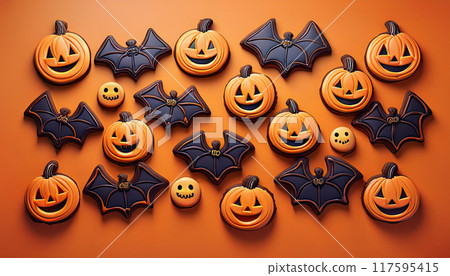 南瓜和蝙蝠糖霜餅乾橙色背景 117595415