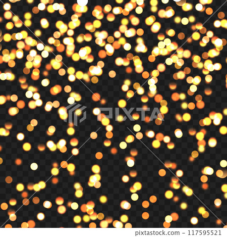 Glowing golden bokeh lights on a dark background, festive atmosphere. Vector 117595521