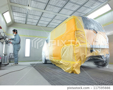 Painting work at an automobile body repair and painting factory 23 Painting work at an automobile body repair and painting factory 23 117595666