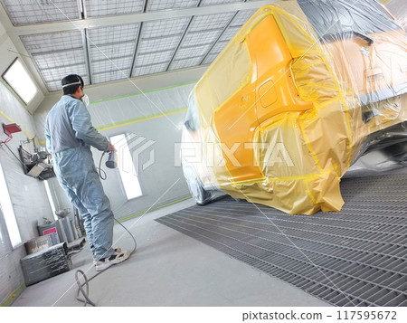 Painting work at an automobile body repair and painting factory 29 117595672