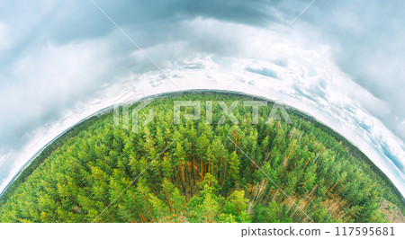 Aerial View Green Countryside Rural forest river Field Meadow Landscape Sunny summer Day. Top View Of Beautiful Nature From High Attitude. Little Small Planet Concept 117595681