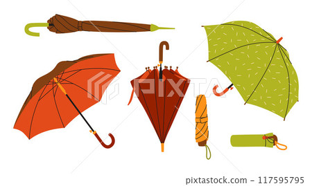 Autumn colorful set of different umbrellas. Vector illustration. Bright flat season collection Autumn colorful set of different umbrellas. Vector illustration. Bright flat season collection 117595795