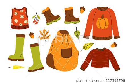 Autumn cozy set with sweater, coat and rubber boots. Vector illustration. Colorful season collection Autumn cozy set with sweater, coat and rubber boots. Vector illustration. Colorful season collection 117595796